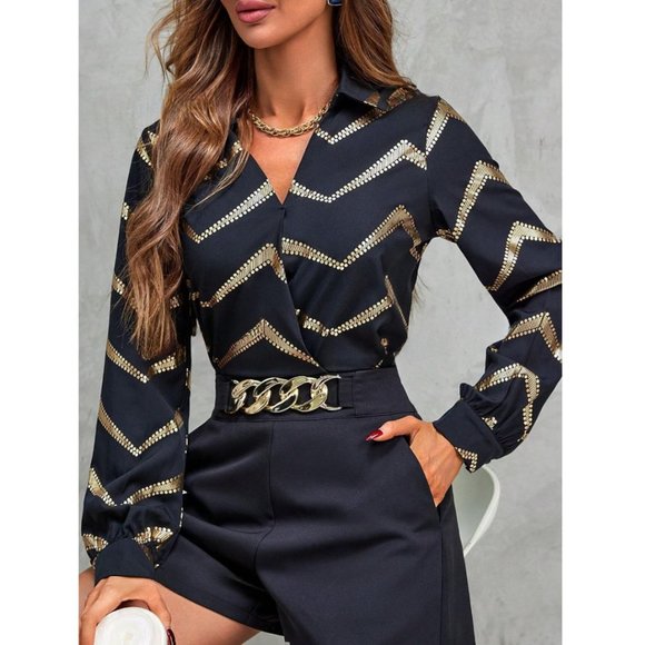 Chevron Print Lantern Sleeve Shirt Black - Picture 2 of 9